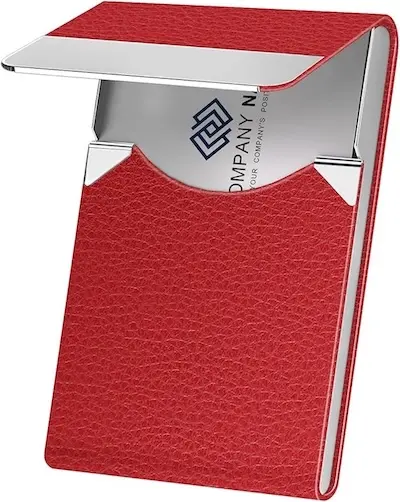A red life coach business card holder for professional presentation