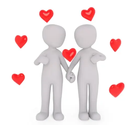 Two figures with red hearts symbolising a strategic alliance — coach referrals between life coaches