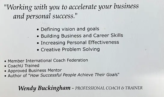 Reverse text on Wendy Buckingham's business card example for life coaches