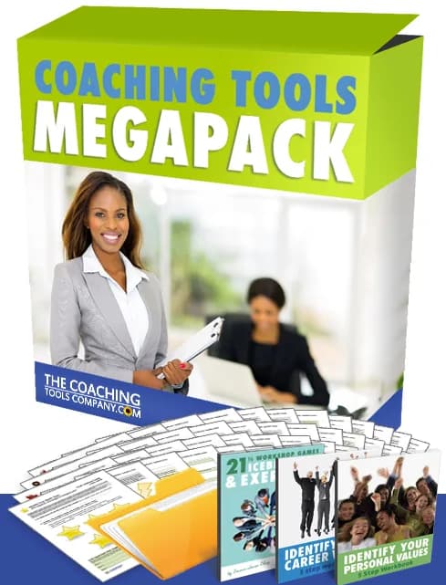 Box with young professional woman on front and title Coaching Tools Megapack.