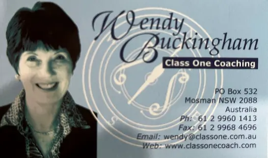 Front cover of Wendy Buckingham's business card example for life coaches