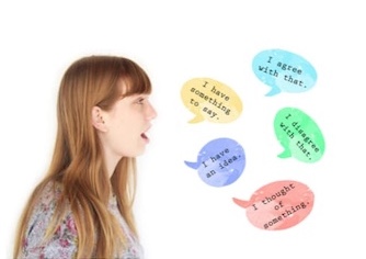 Be Do Have examples of feeling confident enough to speak up after a life coaching session Young woman with speech bubbles with text